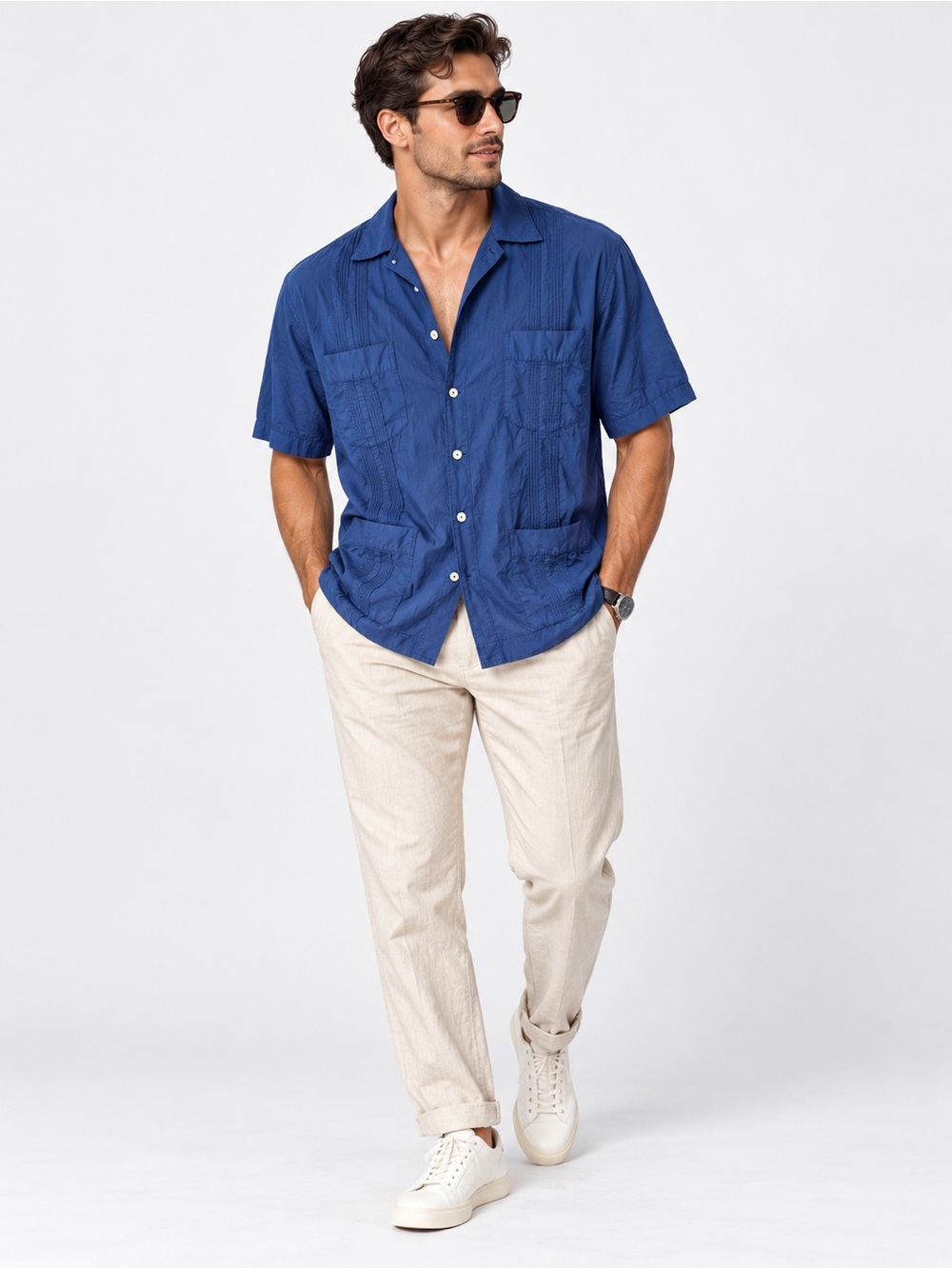 ZARA Origins Blue Utility Shirt Men’s L Short Sleeve 4 Pocket Textured Button Up